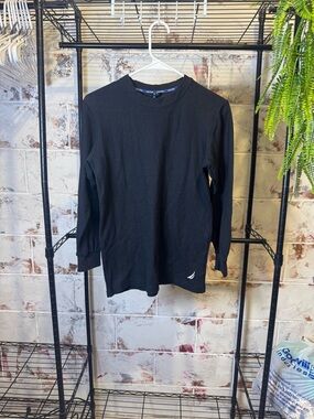Nautica Black Waffle-Knit Long Sleeve Crew Shirt